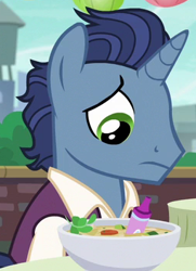 Size: 255x352 | Tagged: safe, screencap, character:waxton, species:pony, species:unicorn, episode:the gift of the maud pie, g4, my little pony: friendship is magic, animation error, crayon, cropped, food, male, solo, soup, stallion