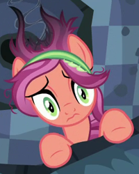 Size: 270x337 | Tagged: safe, screencap, species:crystal pony, species:earth pony, species:pony, episode:the crystalling, g4, my little pony: friendship is magic, burnt, cropped, female, looking down, mare, solo, verity lucky, wavy mouth