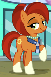 Size: 360x535 | Tagged: safe, screencap, character:stellar flare, species:pony, species:unicorn, episode:the parent map, g4, bags under eyes, cropped, dreamworks face, female, jewelry, lidded eyes, mare, necklace, necktie, pearl necklace, pose, raised eyebrow, raised hoof, sire's hollow, smug, solo