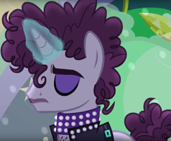 Size: 1137x932 | Tagged: safe, screencap, species:pony, species:unicorn, episode:the mane attraction, g4, my little pony: friendship is magic, background pony, choker, clothing, cropped, eyes closed, eyeshadow, glowing horn, horn, jacket, magic, makeup, male, ponified, prance (character), prince (musician), solo, stallion, studded choker, undertone
