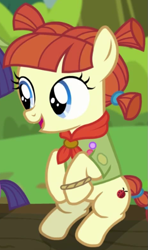Size: 465x784 | Tagged: safe, screencap, species:earth pony, species:pony, episode:the mane attraction, g4, my little pony: friendship is magic, cropped, female, filly, nature walk, neckerchief, sitting, solo focus