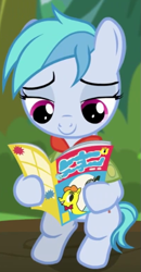 Size: 405x777 | Tagged: safe, screencap, species:earth pony, species:pony, episode:the mane attraction, g4, my little pony: friendship is magic, archie comics, background pony, comic book, cropped, female, filly, foal, hoof hold, paige (character), ponified, reading, sitting, solo