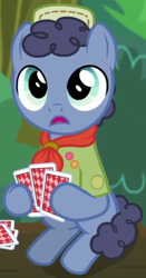 Size: 408x777 | Tagged: safe, screencap, species:earth pony, species:pony, episode:the mane attraction, g4, my little pony: friendship is magic, clothing, colt, cropped, hat, hoof hold, male, neckerchief, playing card, shady blues, sitting, solo
