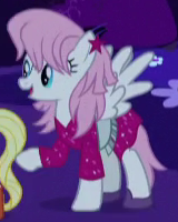 Size: 160x200 | Tagged: safe, screencap, species:pegasus, species:pony, episode:scare master, g4, my little pony: friendship is magic, background pony, clothing, costume, cropped, female, glitter pony, jem, jem and the holograms, mare, nightmare night costume, solo focus, unnamed pony