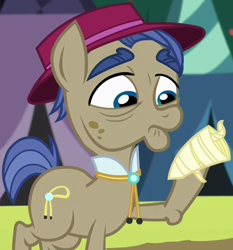 Size: 768x825 | Tagged: safe, screencap, species:earth pony, species:pony, episode:brotherhooves social, g4, my little pony: friendship is magic, background pony, bolo tie, clothing, cropped, elderly, hat, liver spots, male, showtime, solo, stallion