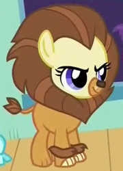 Size: 276x384 | Tagged: safe, screencap, species:earth pony, species:pony, episode:made in manehattan, g4, my little pony: friendship is magic, animal costume, background pony, clothing, costume, cowardly lion, cropped, female, filly, solo, the wizard of oz, violet cream