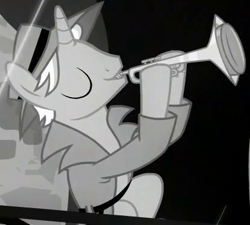 Size: 415x373 | Tagged: safe, screencap, species:pony, species:unicorn, episode:rarity investigates, g4, my little pony: friendship is magic, background pony, clothing, cornet, cropped, dexterous hooves, eyes closed, grayscale, hoof hold, male, monochrome, noir, playing instrument, solo, solo focus, stallion, trenchcoat, unnamed pony