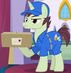 Size: 771x788 | Tagged: safe, screencap, character:package deal, species:pony, species:unicorn, episode:rarity investigates, g4, my little pony: friendship is magic, clothing, cropped, delivery, delivery pony, hat, hoof hold, male, package, solo, stallion, uniform