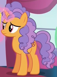 Size: 419x562 | Tagged: safe, screencap, character:pretzel twist, species:pony, species:unicorn, episode:canterlot boutique, g4, my little pony: friendship is magic, background pony, cropped, female, food, glowing horn, magic, magic aura, mare, solo