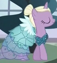 Size: 247x275 | Tagged: safe, screencap, species:pony, species:unicorn, episode:canterlot boutique, g4, my little pony: friendship is magic, background pony, clothing, cropped, dress, eyes closed, female, hair bun, mare, princess dress, solo, unnamed pony