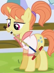 Size: 369x497 | Tagged: safe, screencap, character:dee six, species:pony, species:unicorn, episode:princess spike, g4, my little pony: friendship is magic, background pony, cropped, croquet mallet, female, lidded eyes, mare, mouth hold, ponytail, solo