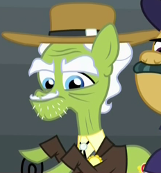 Size: 440x475 | Tagged: safe, screencap, species:earth pony, species:pony, episode:appleoosa's most wanted, g4, my little pony: friendship is magic, appleloosa resident, background pony, bolo tie, clothing, cowboy hat, cropped, elderly, facial hair, hat, male, moustache, solo focus, stallion, stubble, unnamed pony