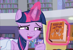 Size: 1415x980 | Tagged: safe, screencap, character:twilight sparkle, character:twilight sparkle (alicorn), species:alicorn, species:pony, episode:the point of no return, g4, my little pony: friendship is magic, adorkable, book, cropped, cute, dork, female, glowing horn, levitation, library, lidded eyes, loving gaze, magic, mare, open mouth, raised eyebrow, raised hoof, saddle bag, solo, telekinesis, written equestrian