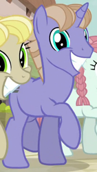 Size: 272x483 | Tagged: safe, screencap, character:offbeat, species:earth pony, species:pony, species:unicorn, episode:the cutie map, g4, my little pony: friendship is magic, animation error, cropped, cult, equal cutie mark, fake smile, female, forced smile, in our town, male, mare, moon dust, our town, raised hoof, solo focus, stallion, wide smile