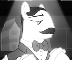Size: 645x540 | Tagged: safe, screencap, species:pony, episode:sparkle's seven, g4, my little pony: friendship is magic, bow tie, cropped, facial hair, grayscale, juice jackie, lidded eyes, male, monochrome, moustache, solo, stallion, unnamed pony, waiter