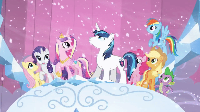 Size: 800x450 | Tagged: safe, screencap, character:applejack, character:fluttershy, character:pinkie pie, character:princess cadance, character:rainbow dash, character:rarity, character:shining armor, character:spike, species:alicorn, species:crystal pony, species:earth pony, species:pegasus, species:pony, species:unicorn, episode:the crystalling, g4, my little pony: friendship is magic, animated, crystallized, derp, female, gif, male, mare, stallion