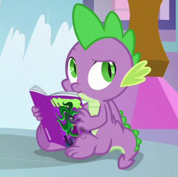Size: 277x276 | Tagged: safe, screencap, character:mane-iac, character:spike, species:dragon, episode:the point of no return, g4, my little pony: friendship is magic, claws, comic book, cropped, folded wings, interrupted, male, raised eyebrow, sitting, solo, toes, underfoot, winged spike, wings