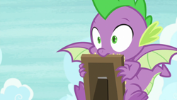 Size: 1280x720 | Tagged: safe, screencap, character:spike, species:dragon, episode:the point of no return, g4, my little pony: friendship is magic, claws, flying, male, picture frame, sky, solo, spread wings, toes, underfoot, wide eyes, winged spike, wings