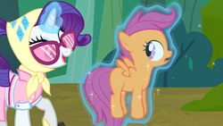 Size: 1615x909 | Tagged: safe, screencap, character:rarity, character:scootaloo, species:pegasus, species:pony, species:unicorn, episode:sleepless in ponyville, g4, my little pony: friendship is magic, camping outfit, dat butt, glowing horn, horn, levitation, magic, meme, out of context, telekinesis