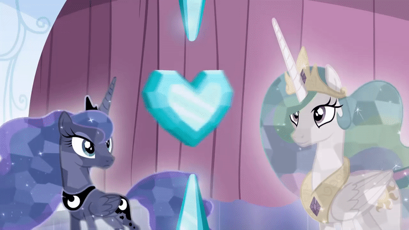 Size: 800x450 | Tagged: safe, screencap, character:princess celestia, character:princess luna, species:alicorn, species:crystal pony, species:pony, episode:the crystalling, g4, my little pony: friendship is magic, animated, crystal heart, crystallized, duo, ethereal mane, female, gif, mare, royal sisters, sisters