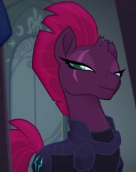 Size: 635x803 | Tagged: safe, screencap, character:tempest shadow, species:pony, my little pony: the movie (2017), armor, beautiful, broken horn, canterlot castle, cracked horn, cropped, evil smirk, eye scar, female, horn, mare, mohawk, pretty pretty tempest, scar, smiling, smirk, solo, throne room