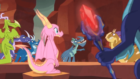 Size: 480x270 | Tagged: safe, screencap, character:gaius, character:scales, species:dragon, episode:the hearth's warming club, g4, my little pony: friendship is magic, animated, background dragon, bloodstone scepter, dragoness, evil grin, female, gif, grin, looking back, sitting, smiling, smirk, teenaged dragon