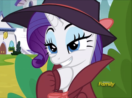 Size: 454x338 | Tagged: safe, screencap, character:rarity, species:pony, species:unicorn, episode:sparkle's seven, g4, my little pony: friendship is magic, animated, bedroom eyes, clothing, cropped, cute, detective rarity, discovery family logo, eyebrow wiggle, female, gif, hat, hoof under chin, lidded eyes, mare, mischievous, raised eyebrows, raribetes, smiling, solo