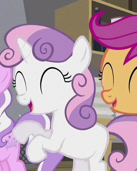 Size: 449x562 | Tagged: safe, screencap, character:diamond tiara, character:scootaloo, character:sweetie belle, species:pegasus, species:pony, episode:ponyville confidential, g4, my little pony: friendship is magic, animated, cropped, cute, eyes closed, hoofy-kicks, laughing, open mouth, rearing