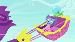 Size: 1920x1080 | Tagged: safe, screencap, character:gummy, character:pinkie pie, episode:sparkle's seven, g4, my little pony: friendship is magic, duo, helmet, hot air balloon, twinkling balloon