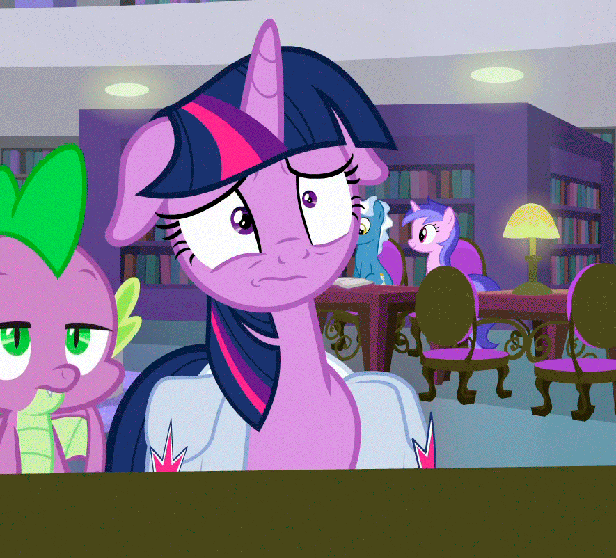 Size: 885x802 | Tagged: safe, screencap, character:pokey pierce, character:sea swirl, character:spike, character:twilight sparkle, character:twilight sparkle (alicorn), species:alicorn, species:dragon, species:pony, species:unicorn, episode:the point of no return, g4, my little pony: friendship is magic, animated, cropped, facedesk, floppy ears, headbang, headdesk, saddle bag, solo, winged spike