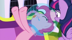 Size: 1920x1080 | Tagged: safe, screencap, character:pinkie pie, character:twilight sparkle, character:twilight sparkle (alicorn), species:alicorn, species:pony, episode:sparkle's seven, g4, my little pony: friendship is magic, astronaut pinkie, duo, eyes closed, helmet, space helmet, spit, tongue out