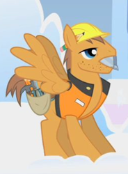 Size: 254x346 | Tagged: safe, screencap, species:pegasus, species:pony, episode:sonic rainboom, g4, my little pony: friendship is magic, animation error, clothing, cropped, hard hat, hat, male, pencil behind ear, rivet, safety vest, solo, stallion, vest, wings