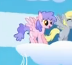 Size: 246x225 | Tagged: safe, screencap, character:derpy hooves, species:pegasus, species:pony, episode:sonic rainboom, g4, my little pony: friendship is magic, background pony, cloud, cropped, duo, female, mare, solo focus, standing on a cloud, wing wishes