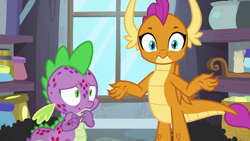 Size: 1920x1080 | Tagged: safe, screencap, character:smolder, character:spike, species:dragon, episode:molt down, g4, my little pony: friendship is magic, dragoness, duo, female, male, stone scales