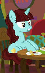 Size: 260x421 | Tagged: safe, screencap, character:say cheese, species:pony, species:unicorn, episode:the point of no return, g4, my little pony: friendship is magic, background pony, cropped, dish, female, mare, sitting, solo, the tasty treat