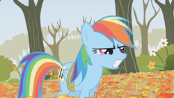 Size: 1280x720 | Tagged: safe, screencap, character:rainbow dash, species:pegasus, species:pony, episode:fall weather friends, g4, my little pony: friendship is magic, angry, autumn, bare tree, bound wings, female, gritted teeth, mare, rope