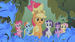 Size: 1280x720 | Tagged: safe, screencap, character:apple bloom, character:applejack, character:fluttershy, character:pinkie pie, character:rainbow dash, character:rarity, character:twilight sparkle, character:twilight sparkle (unicorn), species:earth pony, species:pony, species:unicorn, episode:bridle gossip, g4, my little pony: friendship is magic, season 1, everfree forest, female, filly, foal, forest, mane six, mare, poison joke, poison joke field