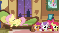 Size: 1920x1080 | Tagged: safe, screencap, character:apple bloom, character:fluttershy, character:scootaloo, character:sweetie belle, species:earth pony, species:pegasus, species:pony, species:unicorn, episode:stare master, g4, my little pony: friendship is magic, cape, clothing, cmc cape, couch, cutie mark crusaders, eyes closed, fainting couch, female, filly, fluttershy's cottage, foal, licking, licking lips, mare, sleeping, sneaking, tongue out