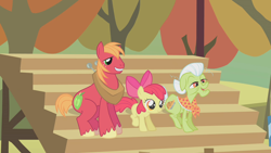 Size: 1280x720 | Tagged: safe, screencap, character:apple bloom, character:big mcintosh, character:granny smith, species:earth pony, species:pony, episode:fall weather friends, g4, my little pony: friendship is magic, bleachers, female, filly, foal, grandmother, grandmother and grandchild, male, mare, stallion, trio