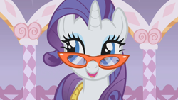 Size: 1280x720 | Tagged: safe, screencap, character:rarity, species:pony, species:unicorn, episode:suited for success, g4, my little pony: friendship is magic, female, glasses, looking sideways, mare, measuring tape, solo