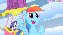 Size: 1280x720 | Tagged: safe, screencap, character:rainbow dash, character:rarity, species:pegasus, species:pony, species:unicorn, episode:sonic rainboom, g4, my little pony: friendship is magic, female, hot air balloon, mare, oh my gosh, twinkling balloon, wing wishes
