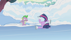 Size: 1280x720 | Tagged: safe, screencap, character:twilight sparkle, character:twilight sparkle (unicorn), species:dragon, species:pony, species:unicorn, episode:winter wrap up, g4, my little pony: friendship is magic, baby dragon, duo, faceplant, female, ice, ice skates, ice skating, majestic as fuck, male, mare, slapstick, snow
