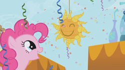 Size: 1280x720 | Tagged: safe, screencap, character:pinkie pie, species:earth pony, species:pony, episode:the ticket master, g4, my little pony: friendship is magic, confetti, female, imagine spot, mare, piñata, solo, streamers