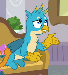 Size: 392x432 | Tagged: safe, screencap, character:gallus, character:smolder, species:griffon, episode:the point of no return, g4, my little pony: friendship is magic, claws, cropped, male, offscreen character, paws, raised arm, raised eyebrow, talons, wings