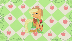 Size: 1280x720 | Tagged: safe, screencap, character:applejack, species:earth pony, species:pony, episode:suited for success, g4, my little pony: friendship is magic, abstract background, boots, braided tail, checkered background, clothing, cowboy hat, crossed hooves, dress, female, freckles, gala dress, hat, lidded eyes, looking at you, mare, outfit catalog, saddle, shoes, solo, stetson, tack