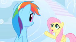 Size: 1280x720 | Tagged: safe, screencap, character:fluttershy, character:rainbow dash, species:pegasus, species:pony, episode:sonic rainboom, g4, my little pony: friendship is magic, duo, female, mare, pointing, raised hoof