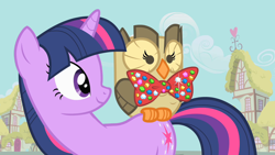 Size: 1280x720 | Tagged: safe, screencap, character:owlowiscious, character:twilight sparkle, character:twilight sparkle (unicorn), species:owl, species:pony, species:unicorn, episode:owl's well that ends well, g4, my little pony: friendship is magic, bow tie, duo, female, mare, perching, riding, smiling