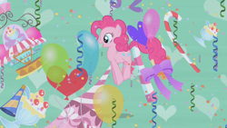 Size: 1280x720 | Tagged: safe, screencap, character:pinkie pie, species:earth pony, species:pony, episode:the ticket master, g4, my little pony: friendship is magic, balloon, candy, candy cane, confetti, female, food, green background, imagine spot, mare, pronking, simple background, solo, streamers
