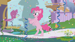 Size: 1280x720 | Tagged: safe, screencap, character:pinkie pie, species:earth pony, species:pony, episode:the ticket master, g4, my little pony: friendship is magic, bipedal, confetti, excited, female, imagine spot, mare, rearing, streamers