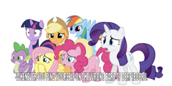 Size: 750x379 | Tagged: safe, editor:undeadponysoldier, screencap, character:applejack, character:fluttershy, character:pinkie pie, character:rainbow dash, character:rarity, character:spike, character:twilight sparkle, species:dragon, species:earth pony, species:pegasus, species:pony, species:unicorn, derpibooru, disturbed, female, male, mane seven, mane six, mare, meme, meta, one of these things is not like the others, smiling